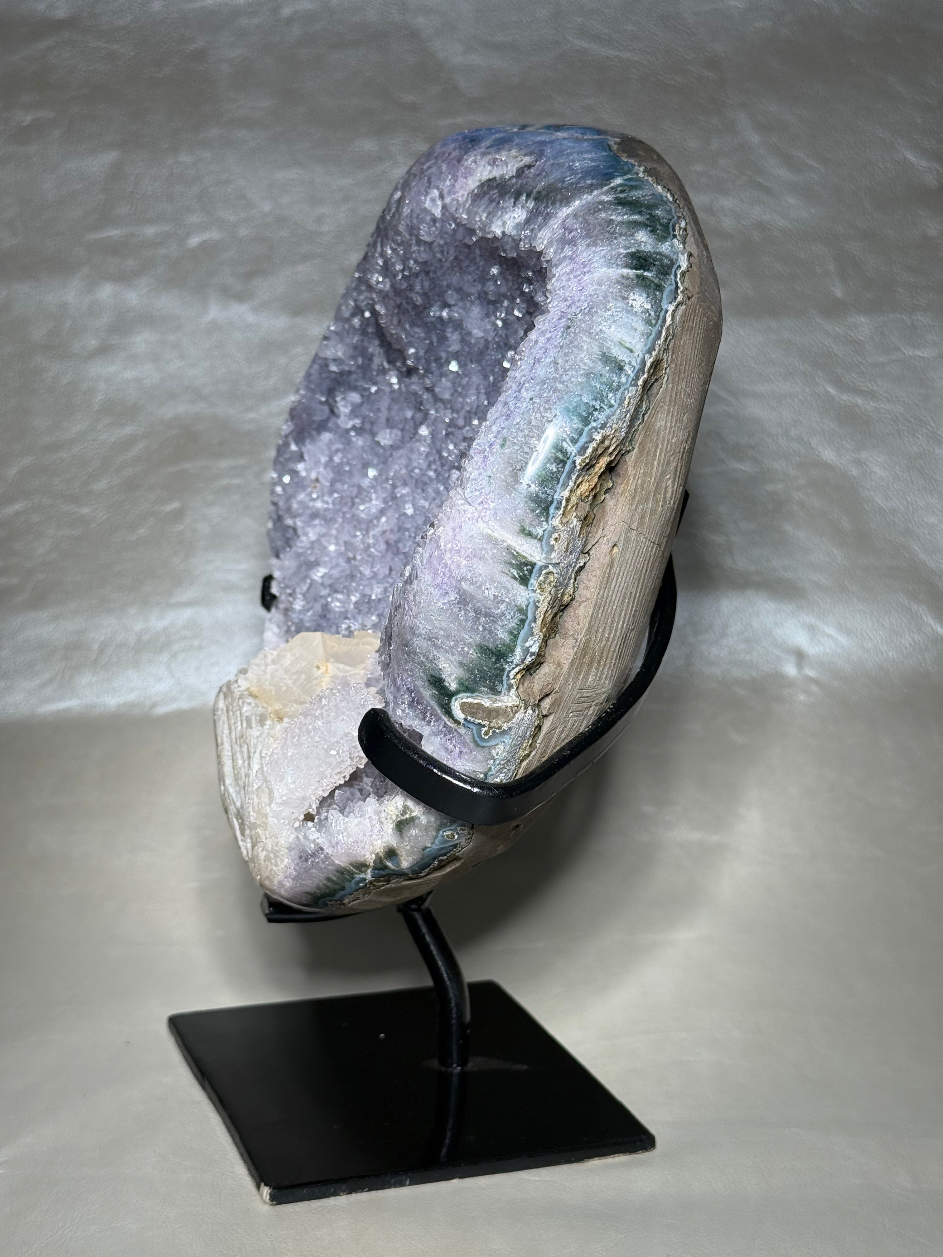 XXL Lavender Amethyst Geode with Calcite with Stand