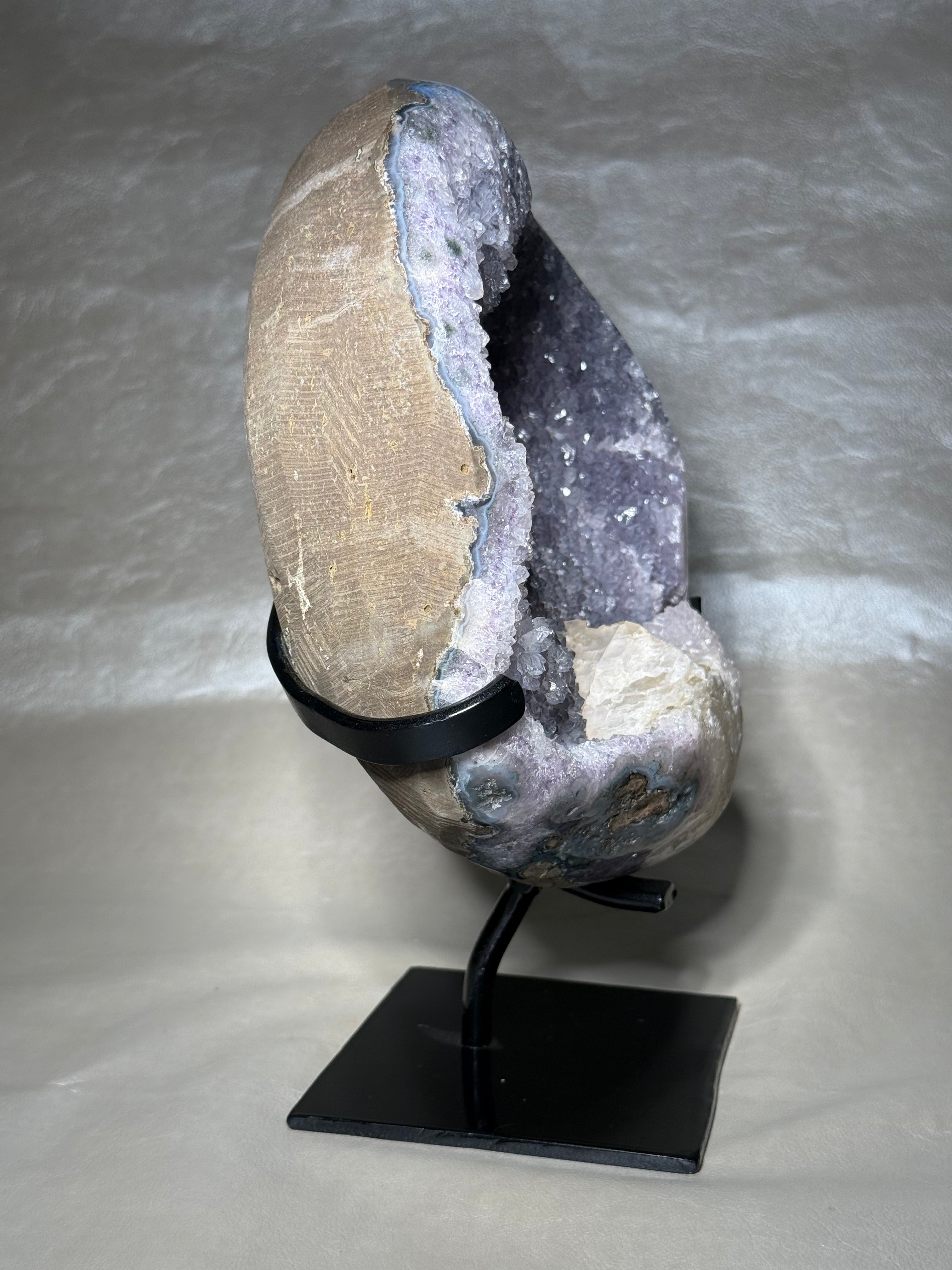 XXL Lavender Amethyst Geode with Calcite with Stand